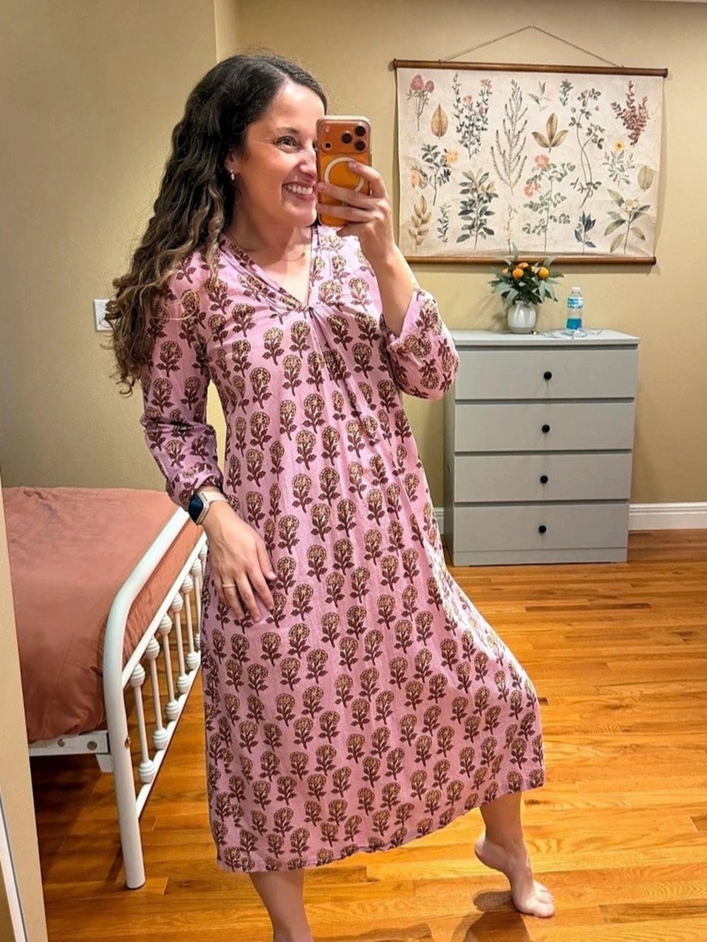 Heart of Grace Floral Block Printed Midi Dress in Pink & Brown Size Medium